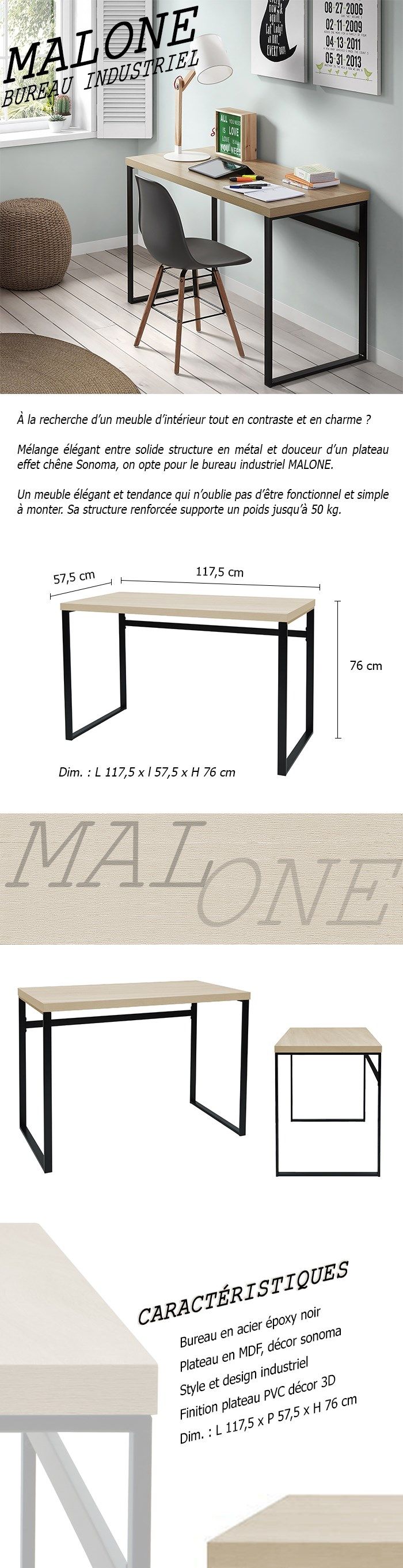Table MALONE acier epoxy noir decor sonoma design industriel