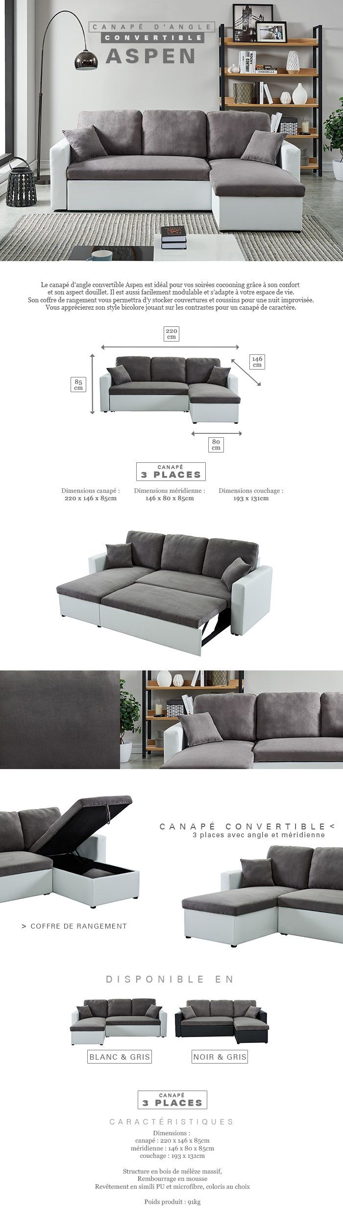 Canapé d'angle réversible convertible 3 places - Tissu gris et simili blanc - Contemporain