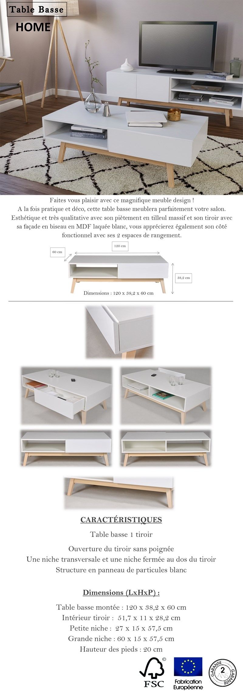 HOME Table basse scandinave blanc satiné avec pieds bois tilleul massif - L 120 x l 60 cm