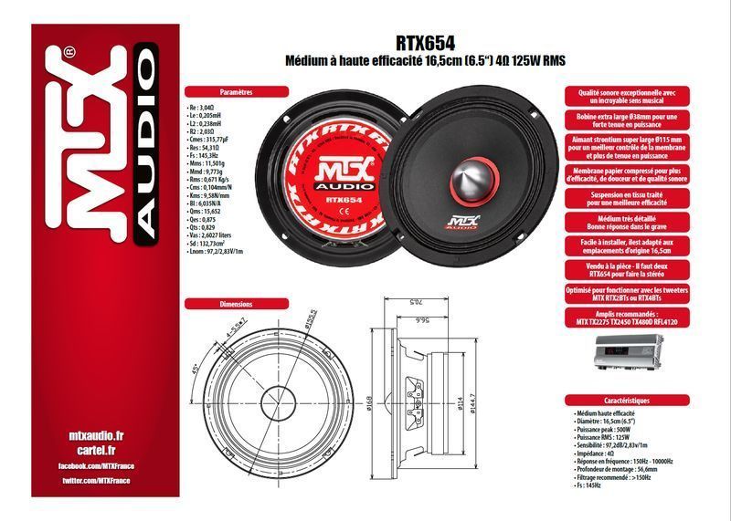 MTX Haut-parleur médium haute efficacité RTX654 - 16,5 cm - 125W