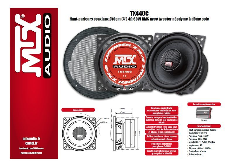 MTX Haut-parleurs coaxiaux 2 voies TX440C - 10 cm - 60W
