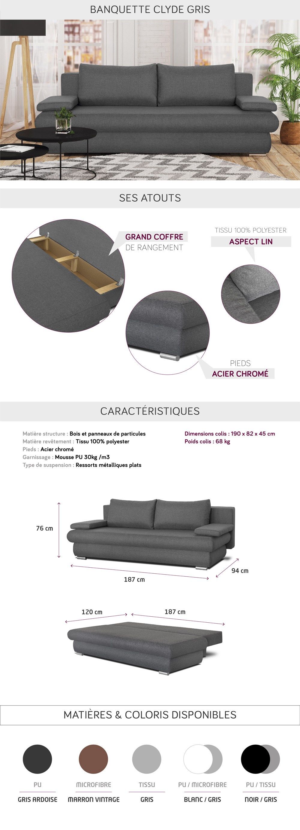 CLYDE Banquette convertible 3 places - Tissu gris - Style contemporain - L 187 x P 94 cm