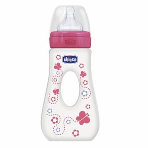 CHICCO Biberon Bien-?tre Promenade 240ml - Tétine Silicone Flux rapide - Décors roses - 4 Mois +