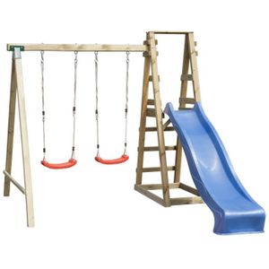 Balançoire portique enfant en bois avec 2 balançoires et 1 toboggan Balançoire portique enfant en bois avec 2 balançoires et 1 toboggan