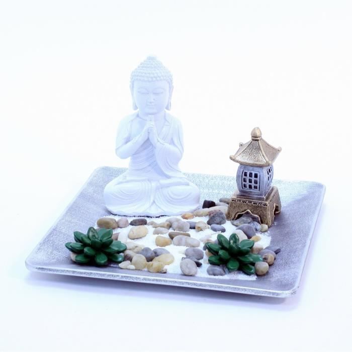 Coffret Jardin Zen Bouddha - Plateau Bois Avec Gong, Photophore, Sable, Galets - Décoration Apaisante Pour Intérieur Ou Extérieur