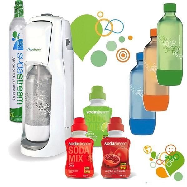 sodastream pack machine &agrave; gaz&eacute;ifier l'eau + 3 concentr&eacute;s + 4