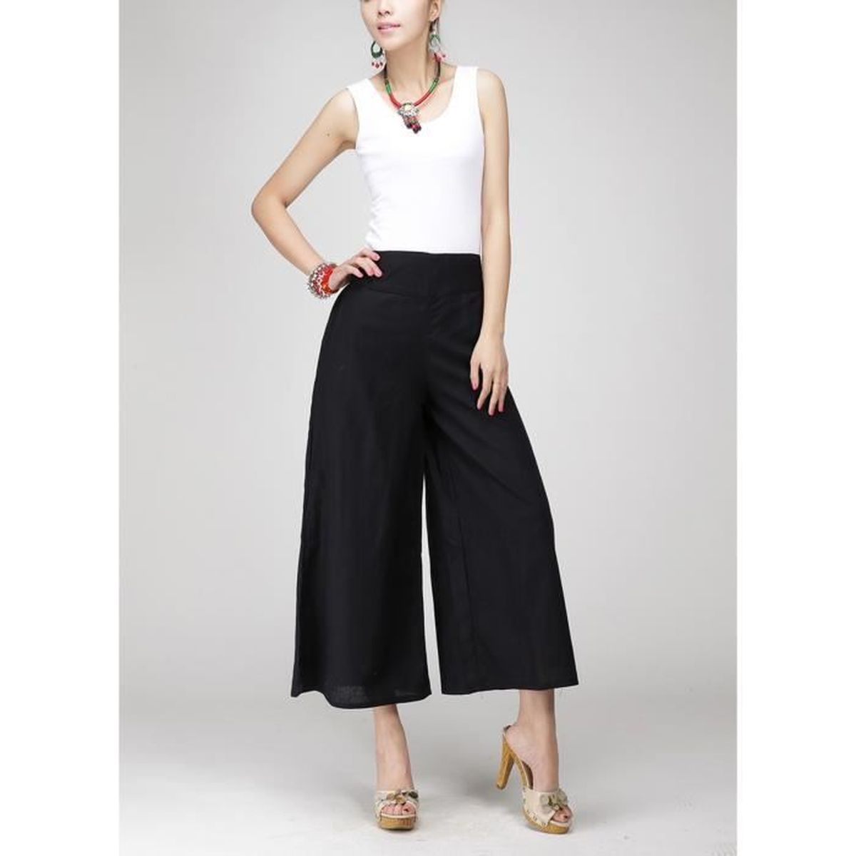 PANTALON Pantalon femme large jambe Noir lin coton taille h. \u2039\u203a