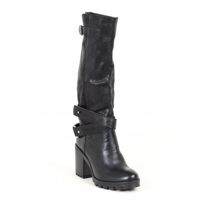 Bottes motardes hautes a talons hauts en cuir lisse italien noir