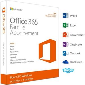 LOGICIEL BUREAUTIQUE Office 365 Famille Premium 5 PC/Mac Abonnement 1an LOGICIEL BUREAUTIQUE Office 365 Famille Premium 5 PC/Mac Abonnement 1an