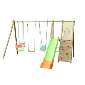 BALANCOIRE / PORTIQUE en bois AMCA P 2,30 m avec Toboggan , mur d'escalade et 3 balançoires