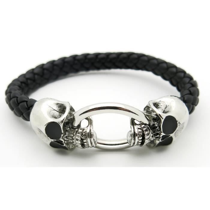 Bracelet Tete De Mort cuir noir Acier Skull Force - Achat / Vente