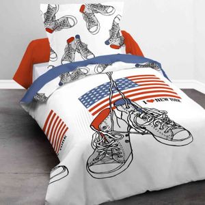 TODAY Parure de couette 100% coton Happy BASKET - 1 housse de couette 140x200 cm + 1 taie 63x63 cm blanc, bleu et rouge