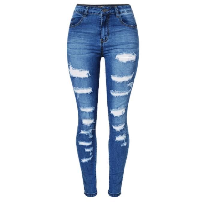 Jeans Femme Bleu Slim Fit Taille Haute Effiloché Trous Pour Femme élasticité Skinny Sexy 3092