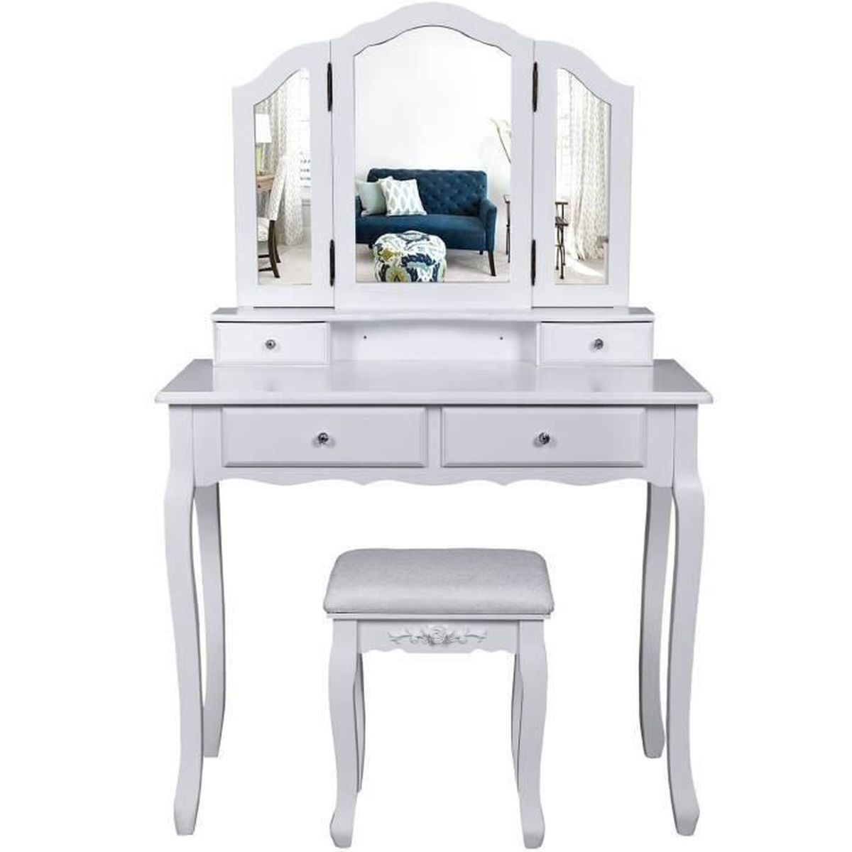 Coiffeuse Enfant Avec Miroir Et Tabouret - Blanc Et Bois - 60x40x95cm - Pour Filles 3-6 Ans