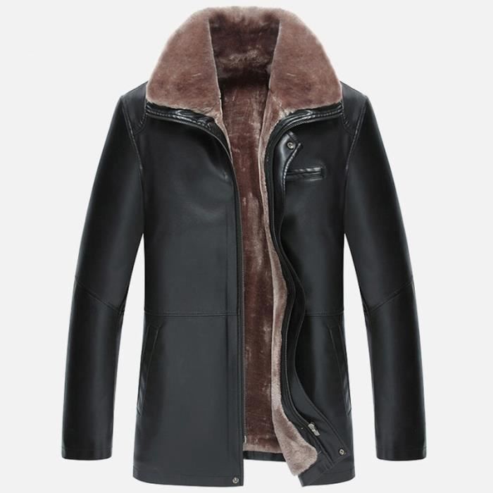 Fourrure Veste Cuir homme Noir Manteau Homme Hiver Marque Luxe Pu Cuir