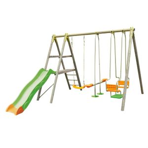 TRIGANO Portique bois/métal 2,30m 3 agrès+Toboggan
