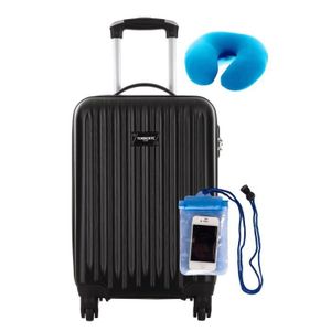 Valise Cabine Low Cost Rigide 4 Roues ACLEPIOS Noir + Coussin de Voyage + Housse Etanche