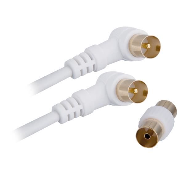 Cordon tv coudé mâle/mâle + adaptateur femelle 2m câble connectique