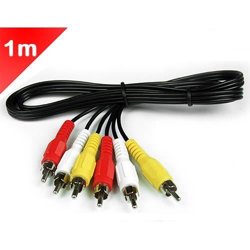 Câble RCA audio vidéo de qualité, 3 voies (rouge, jaune, blanc), longueur 1 mètre. Convient pour
