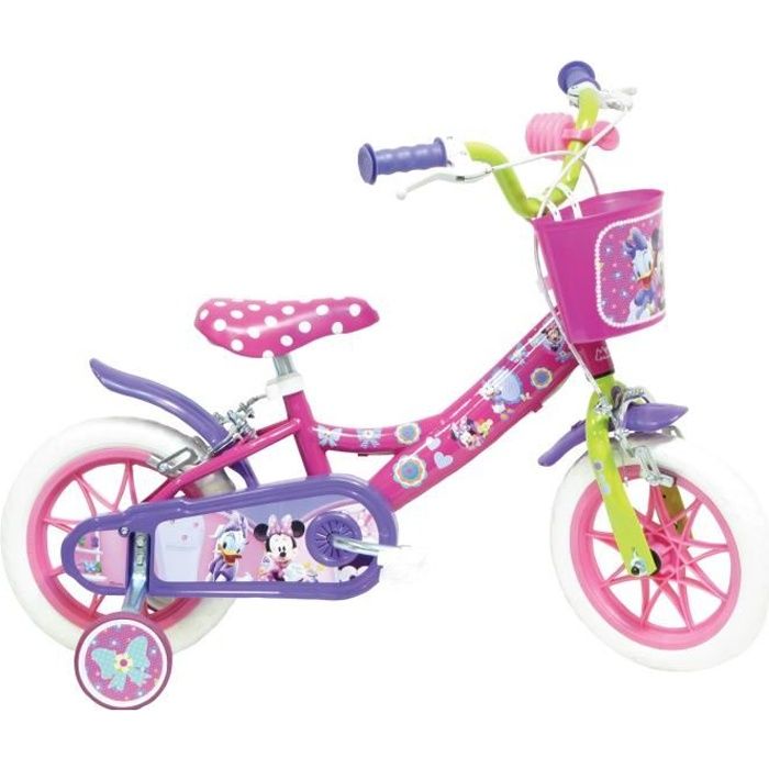 ACROSSPART Vélo Enfant 12 Pouces 2-4 Ans - Avec Panier, Roues Stabilisatrices, Selles Et Guidon Réglables, Freins Avant Et Arrière - Rose/Vert/Jaune