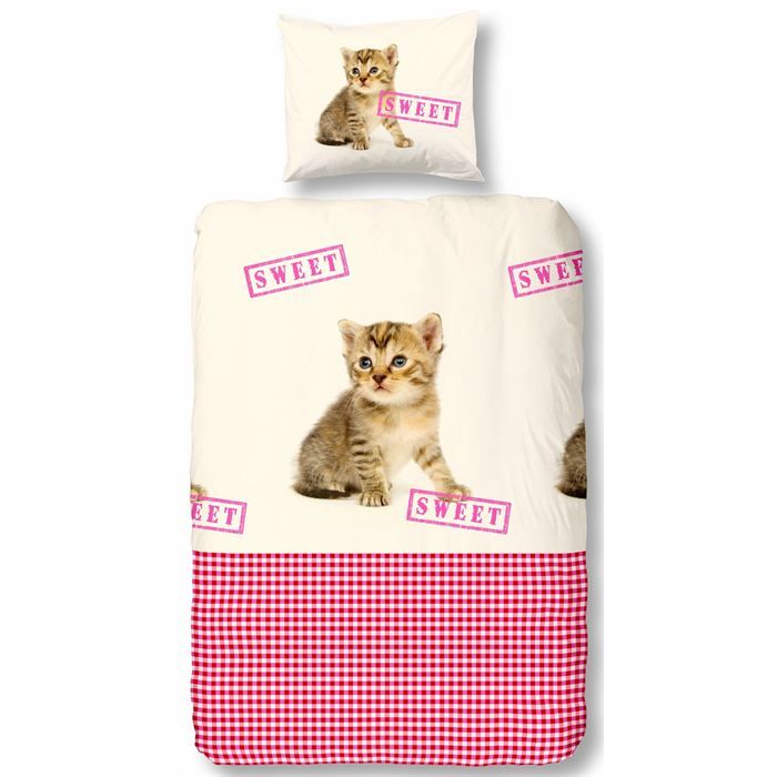 COCON BLANC Housse Couette 140x200 + Taie CAT PINK   Achat / Vente