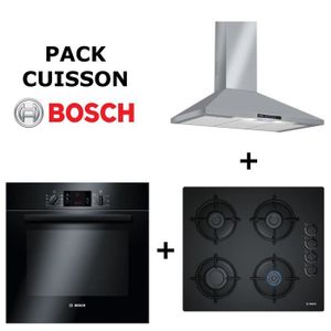 Pack Cuisson BOSCH : Four multifonction Pyrolyse Noir + Table de cuisson Gaz + Hotte inox 90cm