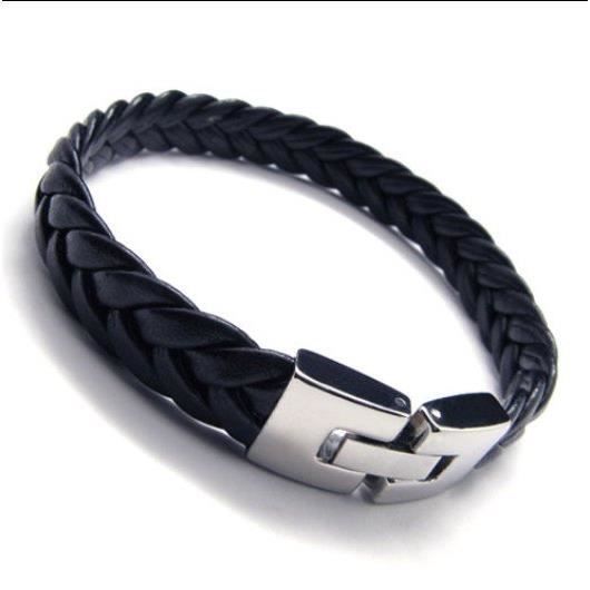 BRACELET , GOURMETTE Bracelet Homme cuir tressé et fermoir sécurisé aci. \u2039\u203a
