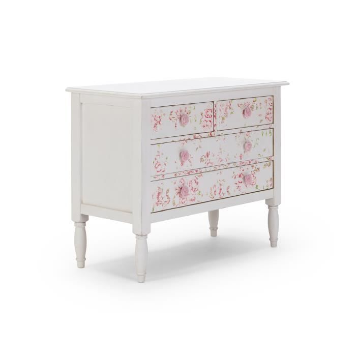 Commode ROSY en pin laqué blanc antique à motif Achat / Vente