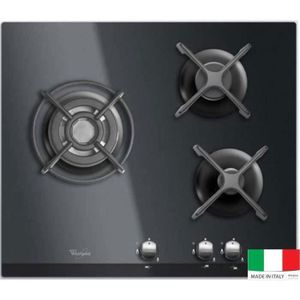 WHIRLPOOL AKT404NB Table de Cuisson Gaz - 3 foyers - 6350W - L59 x P51cm - Rev?tement verre trempé - Noir