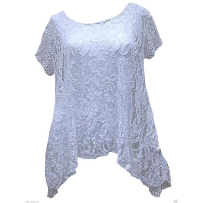 Tunique 42 44 46 48 grande taille Femme dentelle haut blanc Blanc
