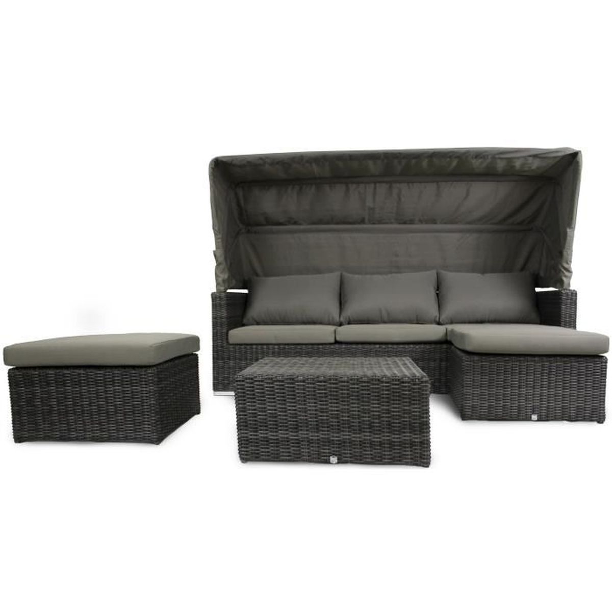 Salon de jardin avec 1 canapé 3 places 3 poufs 1 auvent ...