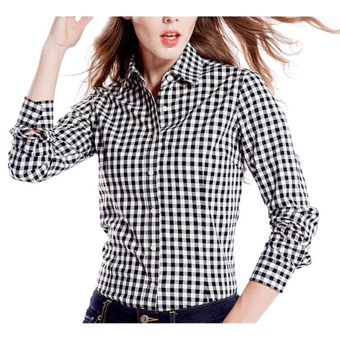 Chemisier Blouse Femme Manches Longues à Carreaux NoirBlanc en Coton NoirBlanc Achat / Vente