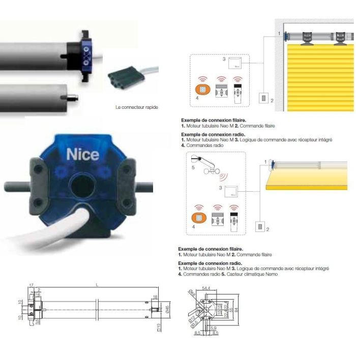 Moteur NEO M NICE 45 mm, filaire, fin de course mécanique, 15Nm, 16