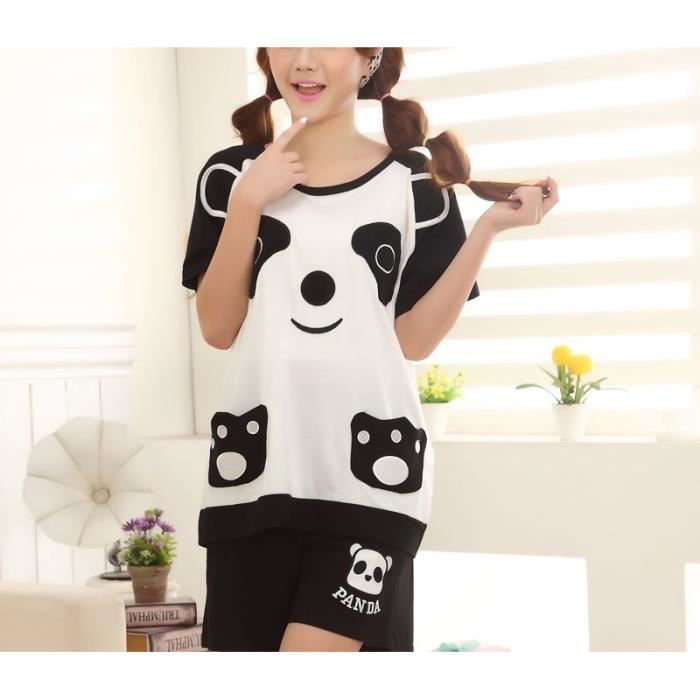 Pyjama Court Femme Coton Noir Blanc Panda Pyjama court femme en