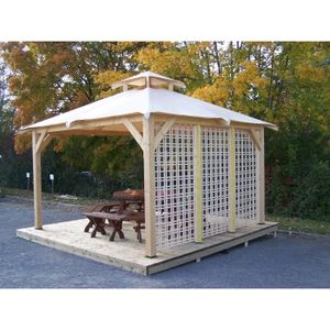 Tonnelle de jardin 12,53m? 4 pentes avec couverture bâche treillage en bois sur 1 côté 4 poteaux