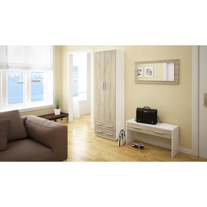Meuble D'Entrée Mondeer Blanc - Porte-Manteau, Miroir Et Banc à Chaussures, 100x180cm