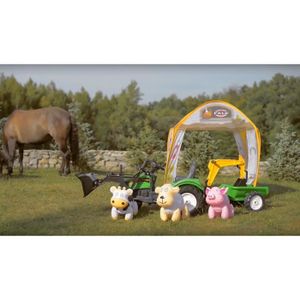 FALK Pack complet Tracteuur tente et animauxTractopelle Ranch Trac Avec Selle Tournante Et Excavatrice + Remorque + Tente Et Animaux