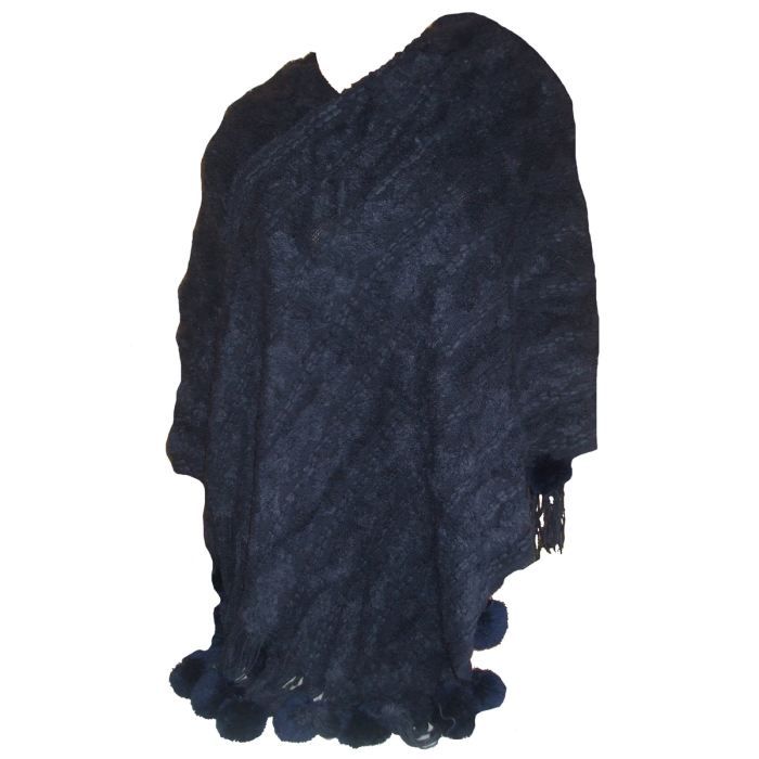 Poncho femme cape grand mod&egrave;le Bleu &agrave; pompons Grand poncho cape, l