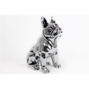 Statue de chien Bouledogue Français ARGENT en céramique avec collier