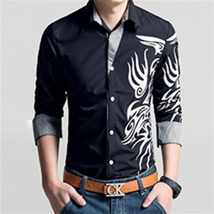 Chemise homme pas cher Chemise imprimée Dragon Noir Achat / Vente chemise chemisette