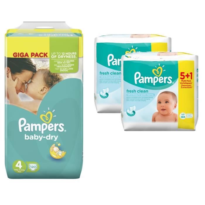 Pampers Baby Dry Taille 4 Maxi 718kg 120 Couches + Pampers Lingettes Fresh Clean 768 Lingettes