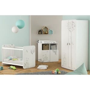 BEAR Chambre bébé compl?te 3 pi?ces : Lit Bébé 60x120 cm + Armoire + Commode ? Langer - Coloris Blanc