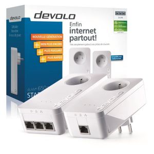 devolo 9237 dLAN 650 triple+, Prise réseau CPL 600 Mbit/s, 3 ports Gigabit Ethernet, Prise Filtrée Intégrée, Kit de démarrage (x2)