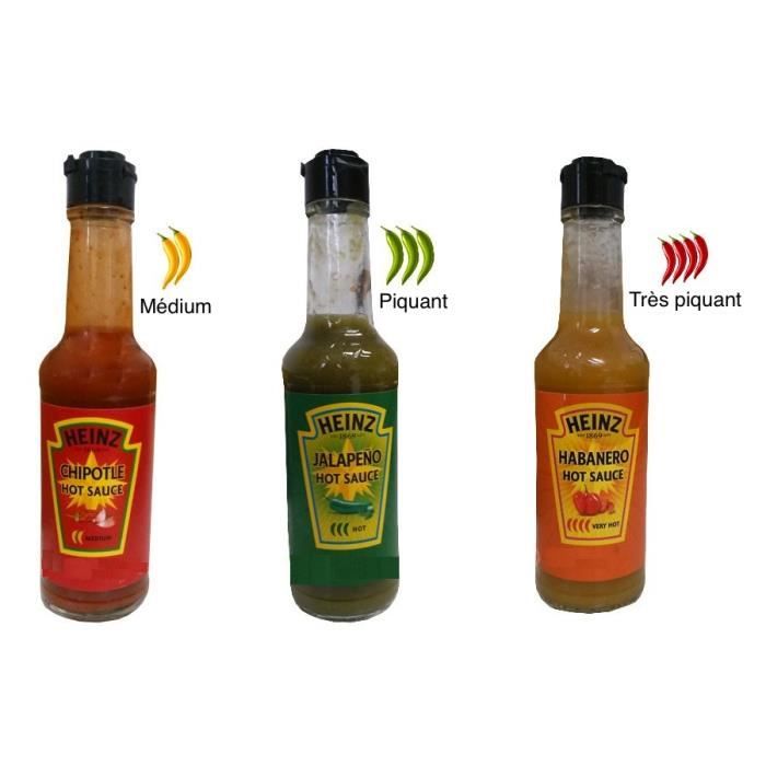 Lot de 3 sauces piquantes, chipotle, jalapeño, habanero, Heinz 3 X 150