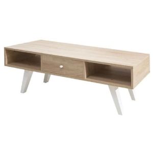 LUND Meuble TV scandinave mélaminé ch?ne clair + pieds en h?tre massif - L 117 cm