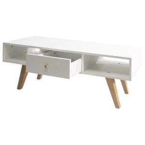 LUND Meuble TV scandinave mélaminé blanc mat + pieds en h?tre massif - L 117 cm