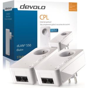 devolo 9298 dLAN 550 Duo+, Prise réseau CPL 500 Mbit/s, 2 ports Fast Ethernet, Prise Filtrée Intégrée, Kit de démarrage (x2)