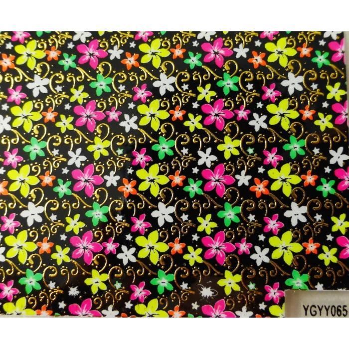 Nail art , stickers ongles fleurs fluo fond noir