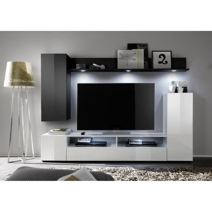 DOS Meuble TV mural avec éclairage LED 208cm noir et blanc brillant