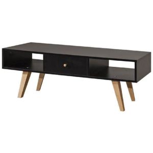 LUND Meuble TV scandinave mélaminé noir mat + pieds en h?tre massif - L 117 cm
